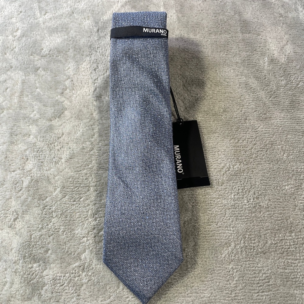 Murano Slim Tie Necktie Blue Gray Silk‎ Linen Textured Hand Finished Minimalist